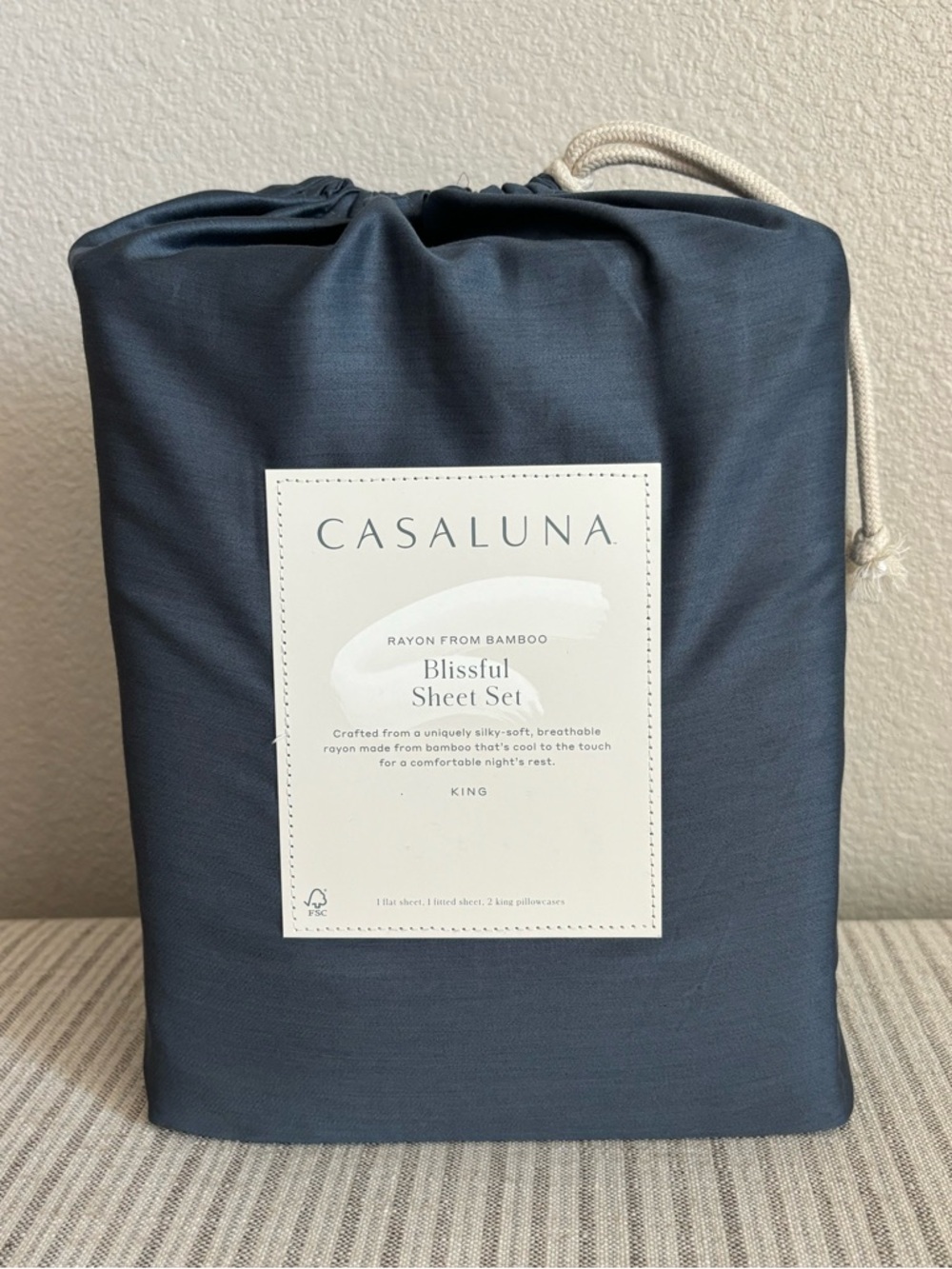 NWT King 400 Thread Count Rayon from Bamboo Sheet Set Dark Mineral Blue Casaluna